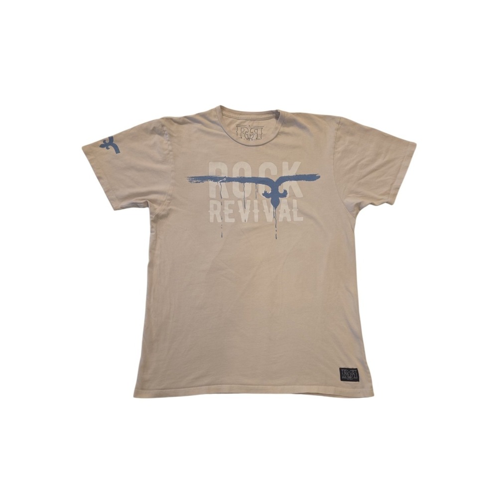 Rock Revival Graphic T Shirt Beige Blue Logo Made in USA 100% Cotton Men's Large